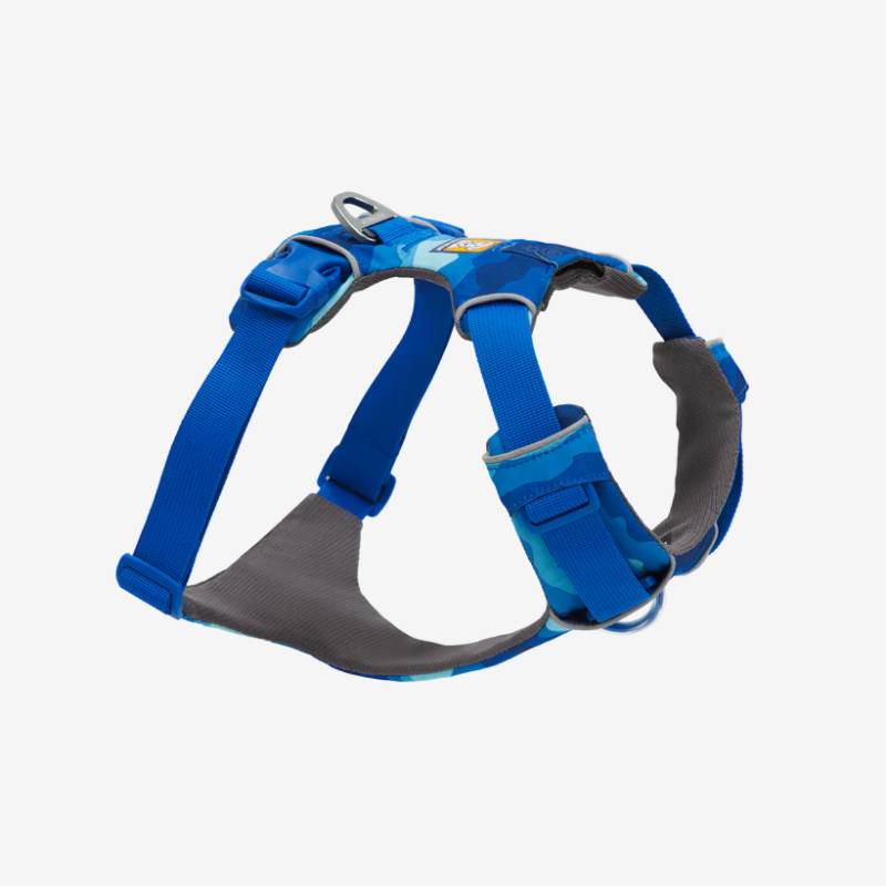 Ruffwear Front Range Harness Coastal Mountains: blue/gray, adjustable straps, metal rings.