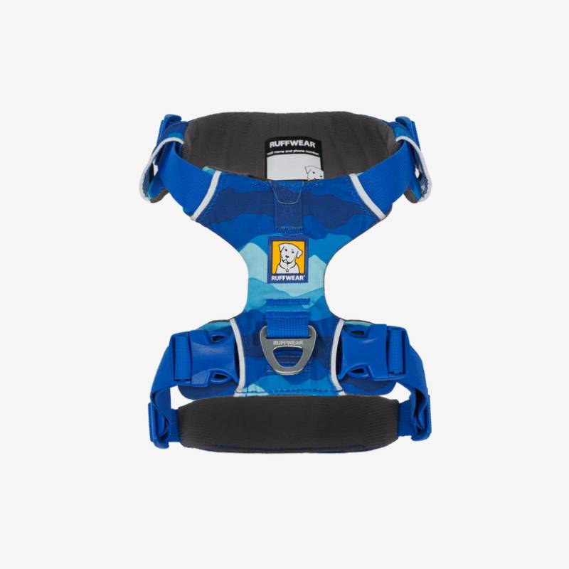 Blue camo Ruffwear Front Range Harness Coastal Mountains with metal rings and front logo.