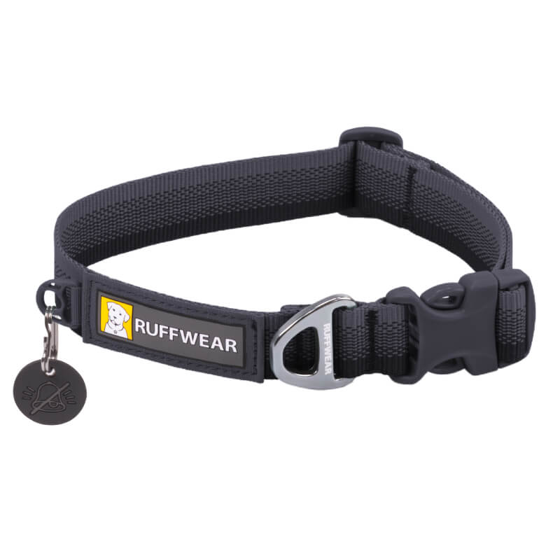 Ruffwear Front Range Collar in Basalt Grey with metal tag and secure buckle on white background.