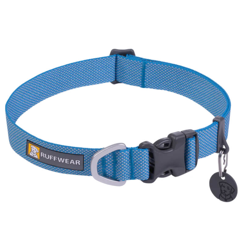 Ruffwear Hi &amp; Light Collar Blue Dusk with black buckle, metal ring, and round tag attached.