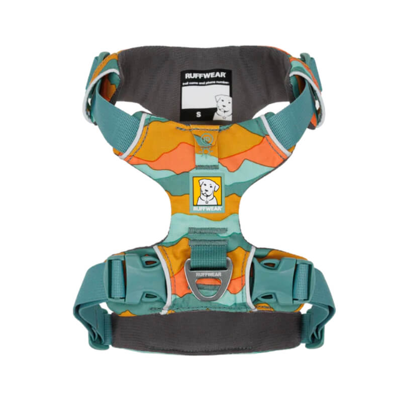 Ruffwear Front Range Harness Spring Mountains: teal straps, orange-yellow pattern, small padded fit.