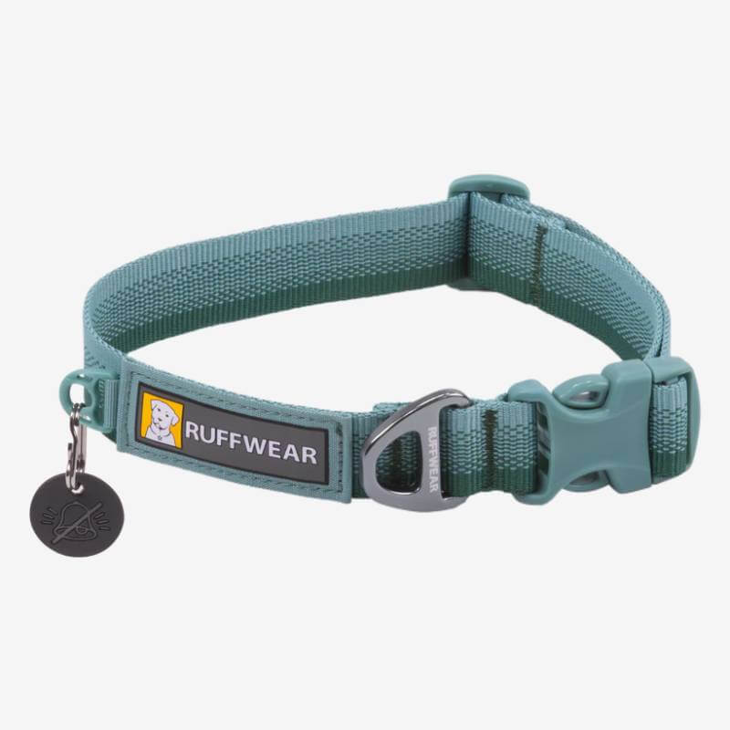 Ruffwear Front Range Collar in River Rock Green with metal tag, buckle, and durable design.