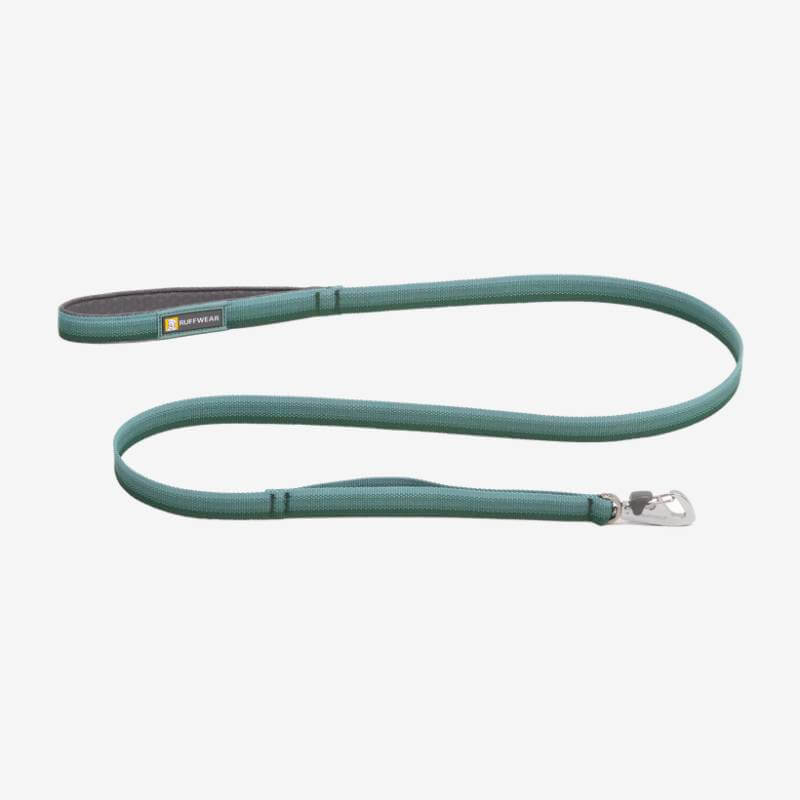 A Ruffwear Front Range Leash in River Rock Green with padded handle and metal clasp, on white.