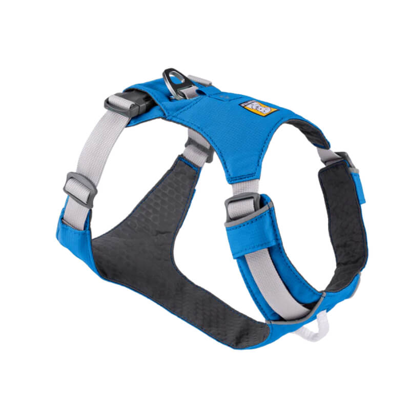 Ruffwear Hi & Light Harness Blue Dusk—lightweight, adjustable, with a sturdy top metal ring.