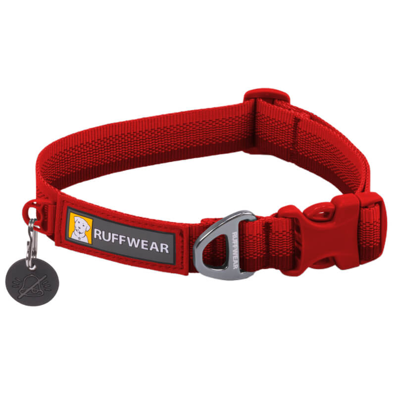Ruffwear Front Range Collar Red Canyon with sturdy buckle, metal tag, and durable leash ring.