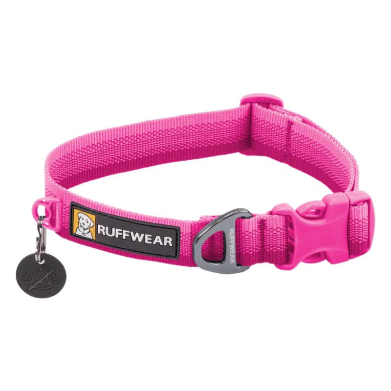 Ruffwear Front Range Collar Pink Rose, black label, metal ring, plastic buckle, round tag attached.