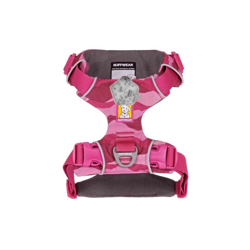Ruffwear Front Range Harness Pink Mountains with buckles, handle, and logo on the chest.