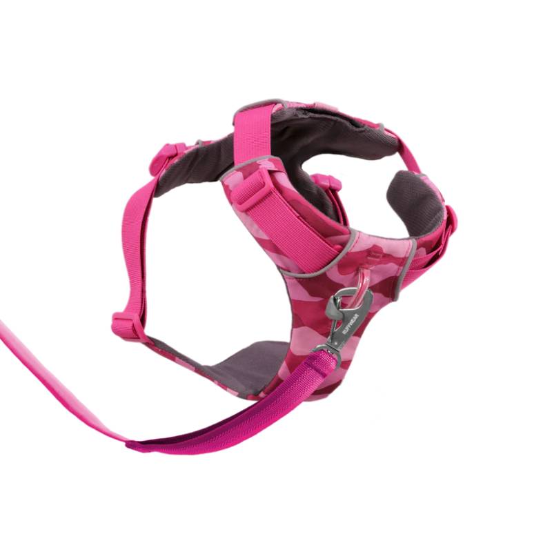 Ruffwear Front Range Harness Pink Mountains with dual leash points & matching pink leash.