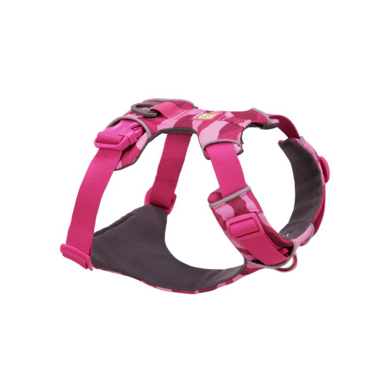 Ruffwear Front Range Harness Pink Mountains: adjustable, padded, with metal leash ring.