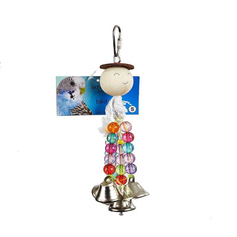 Sky Pet Mr Jingles Bird Toy features beads, bells, and a smiling face on a metal clip.