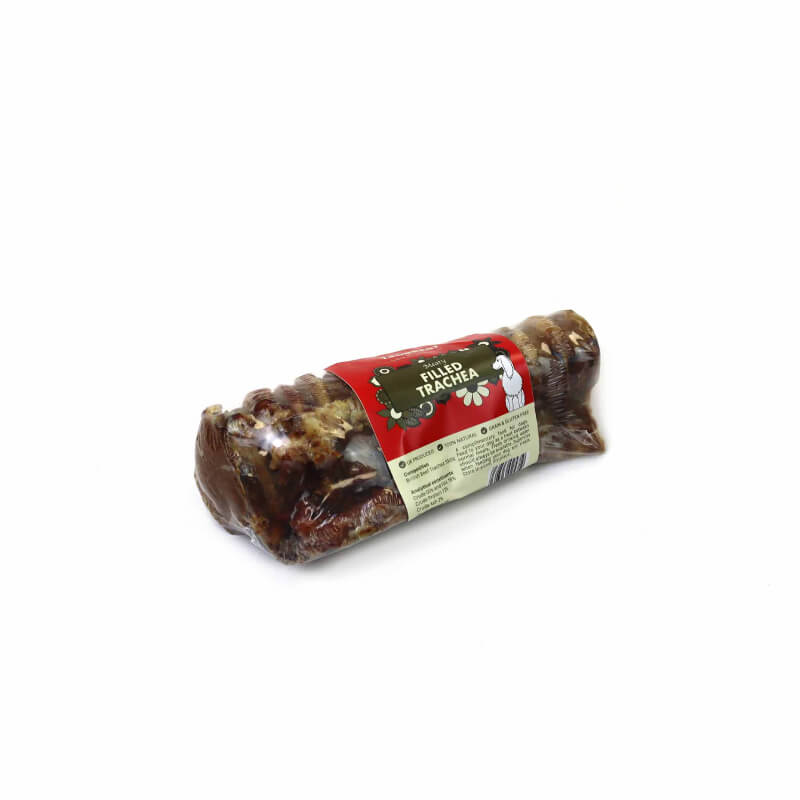 T Forrest Meat Filled Trachea—natural air dried dog treat with red and cream label.
