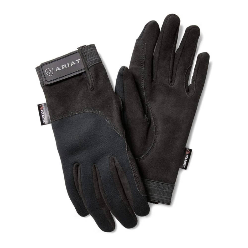 Ariat Insulated Tek Grip Gloves Black, one palm up and one down, on a white background.