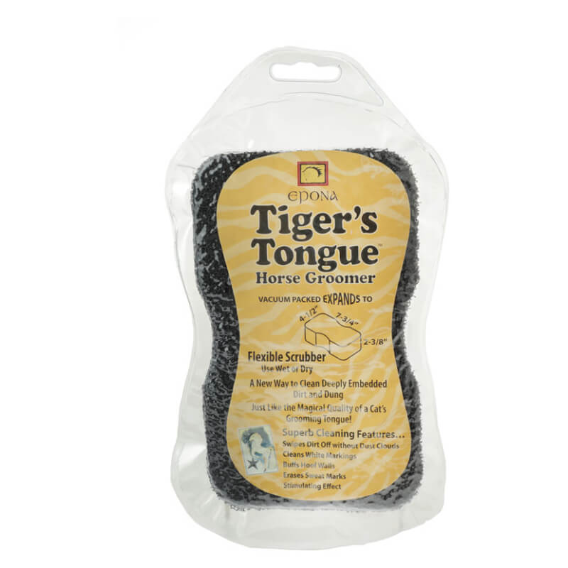 Epona Tigers Tongue Grooming Sponge in clear packaging with a yellow label.