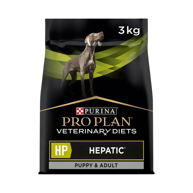 Purina Pro Plan HP Hepatic Dry Dog Food 3kg, black bag with green accents for liver support.