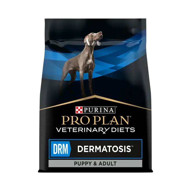 Black bag of Purina Pro Plan Veterinary Diets DRM Dermatosis dry dog food for all ages.