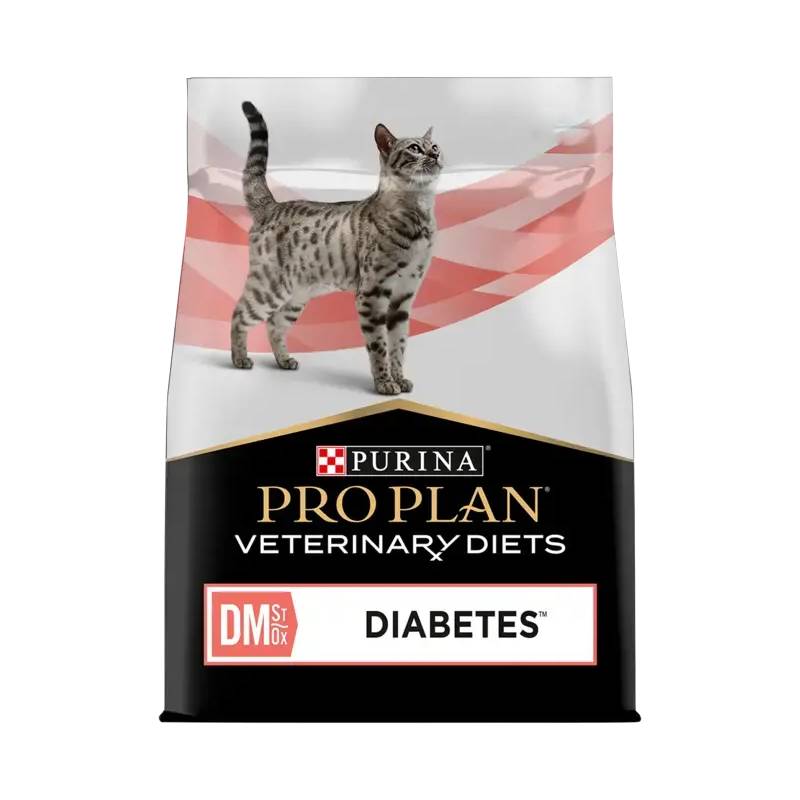 A bag of Purina Pro Plan Veterinary Diets DM Diabetes Dry Cat Food.