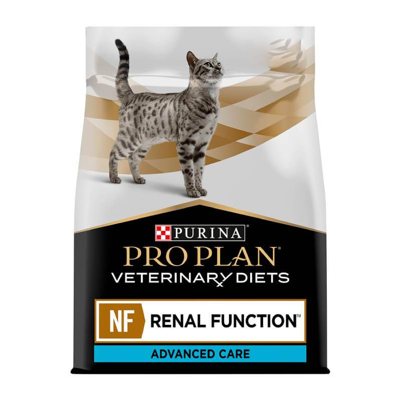 Purina Pro Plan Feline NF Renal Function cat food for chronic renal care, with a grey tabby.