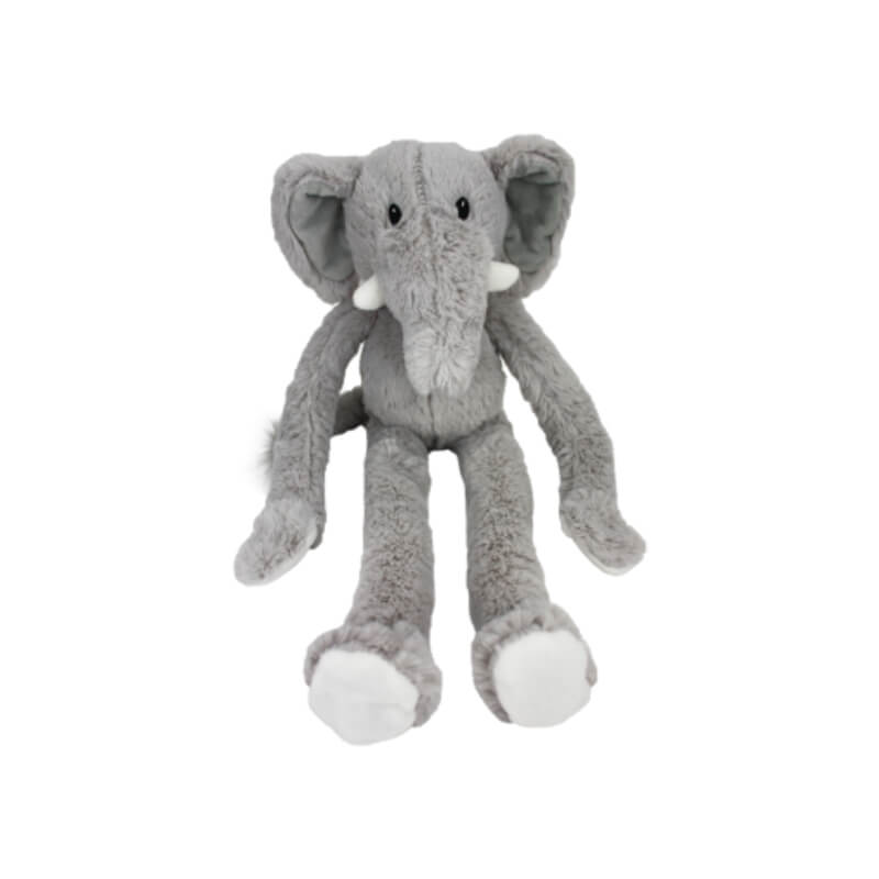 Happy Pet Swingin' Safari Elephant Dog Toy with long legs, big ears &amp; white tusks sits upright.
