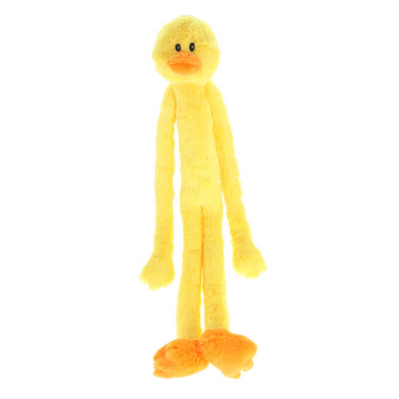 Happy Pet Swingin' Slevins Duck Large Dog Toy with long arms, legs, orange beak, and feet.