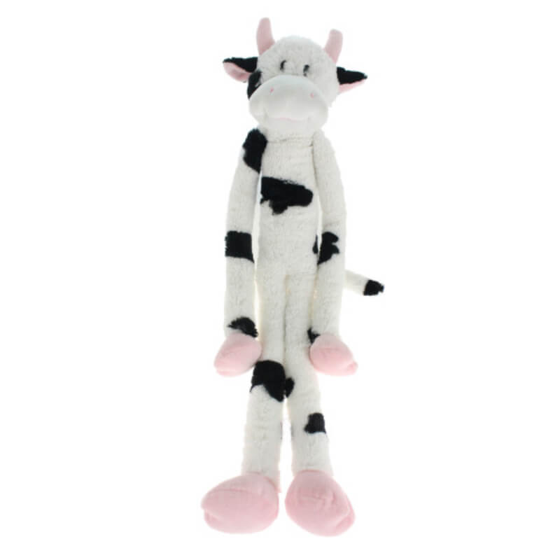Happy Pet Swingin' Slevins Cow Large Dog Toy with black spots, long limbs, and pink hooves.