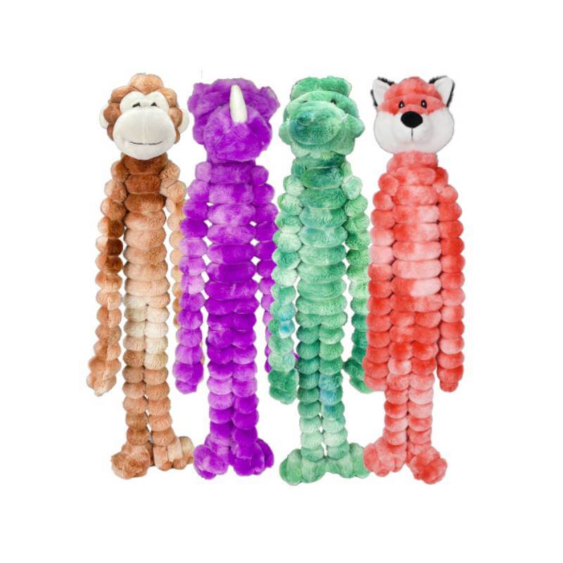 Happy Pet Crimpy Cuddlerz Animals: 4 colorful plush dog toys with long, textured bodies.