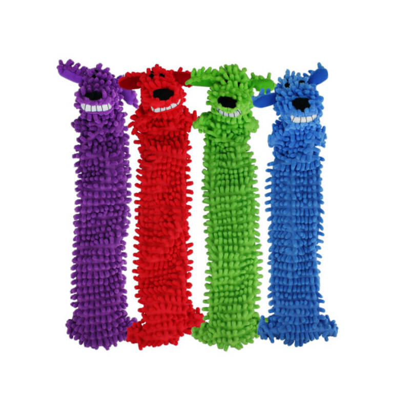 Four Happy Pet Loofa Floppy Moppy Jumbo Dog Toys in purple, red, green &amp; blue with smiles.