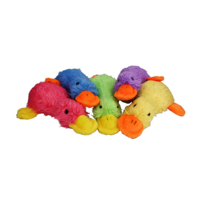 Five Happy Pet Duckworth Webster Dog Toys with orange beaks and feet, grouped together.