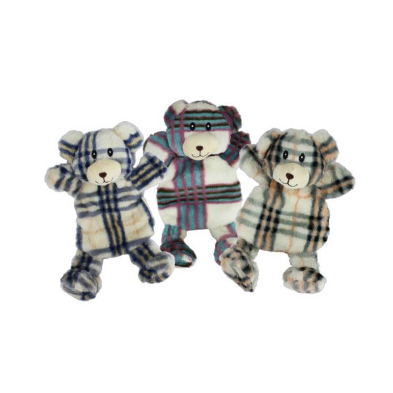 Three Happy Pet Berman Bears plush dog toys in blue, pink, and brown on white background.