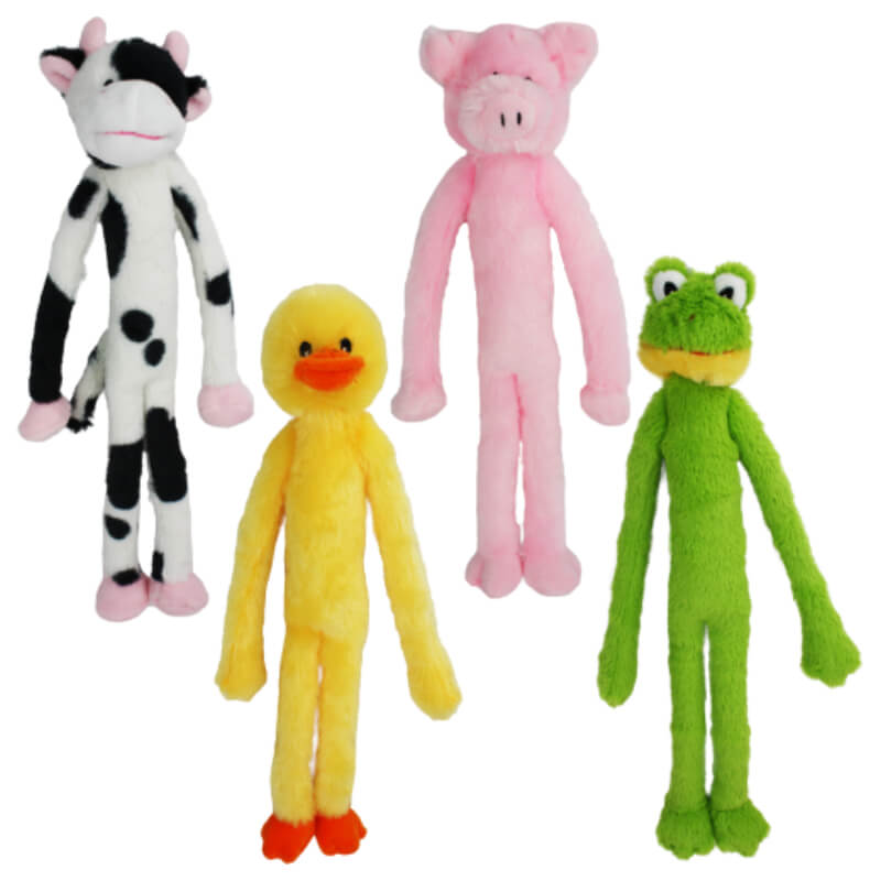 Four plush toys—a cow, pig, duck, and frog—stand by a Happy Pet Minipet Swingin' Slevin Dog Toy.