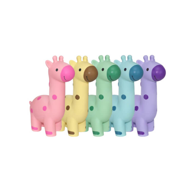 Five Happy Pet Giraffe Latex Dog Toys stand in a row on a white background.