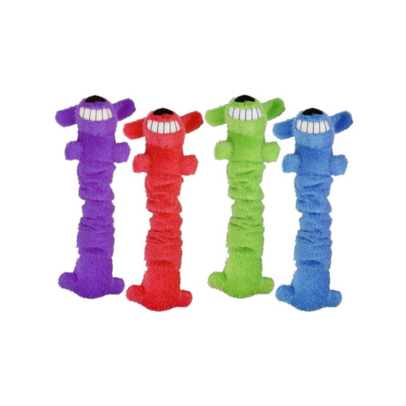Set of four Happy Pet Loofa Bungee Scrunchy Dog Toys in purple, red, green, and blue.