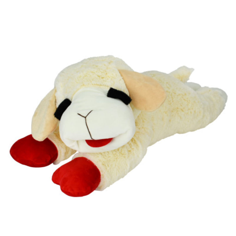 Happy Pet Lambchop Cuddly Dog Toy with red front paws and floppy ears lying down.