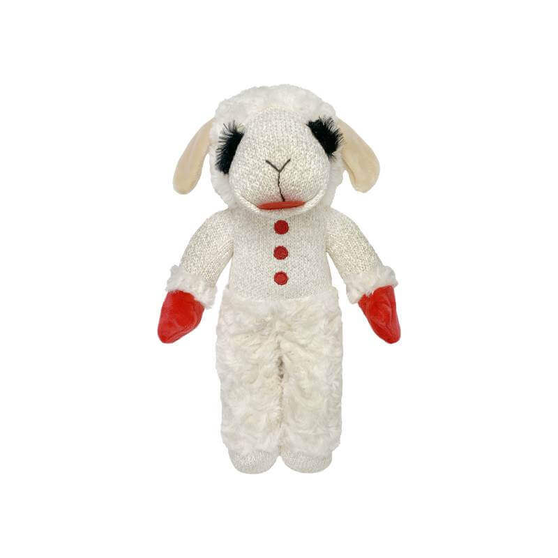 Happy Pet Lambchop Standing Dog Toy, by Happy Pet, with red mittens and buttons.