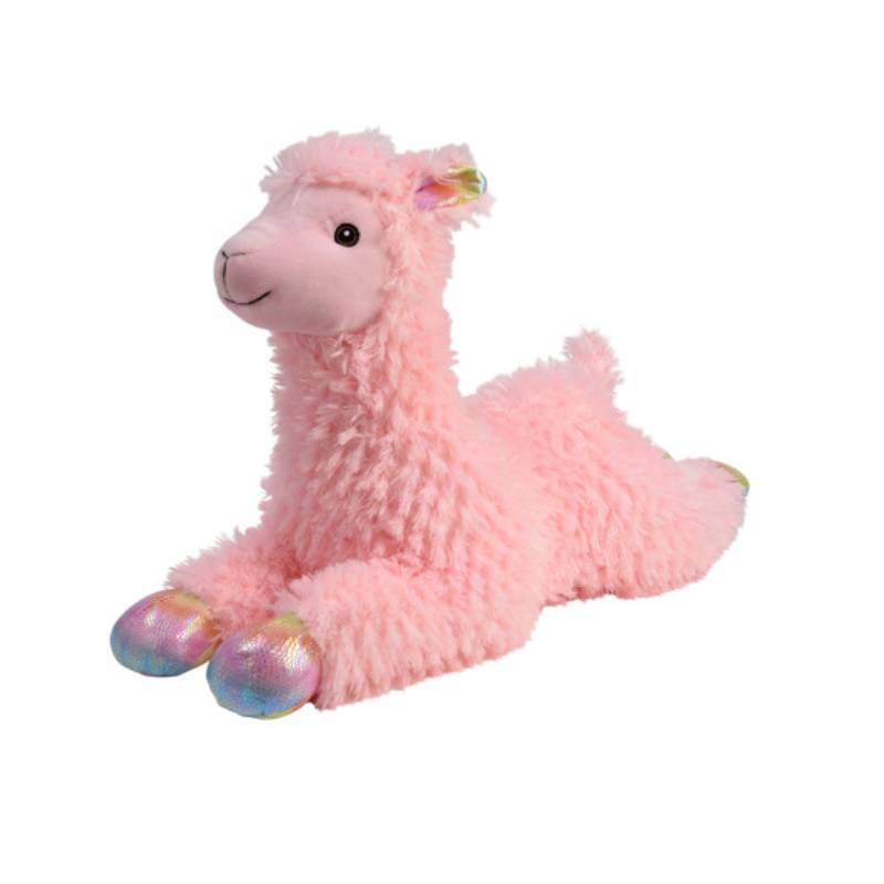 Happy Pet Llama Jumbo by Happy Pet, a pink plush dog toy with rainbow hooves on white background.