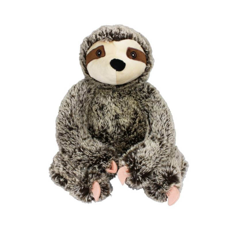 Happy Pet Sitting Sloth Jumbo: gray, brown, and pink plush dog toy by Happy Pet, sits upright.