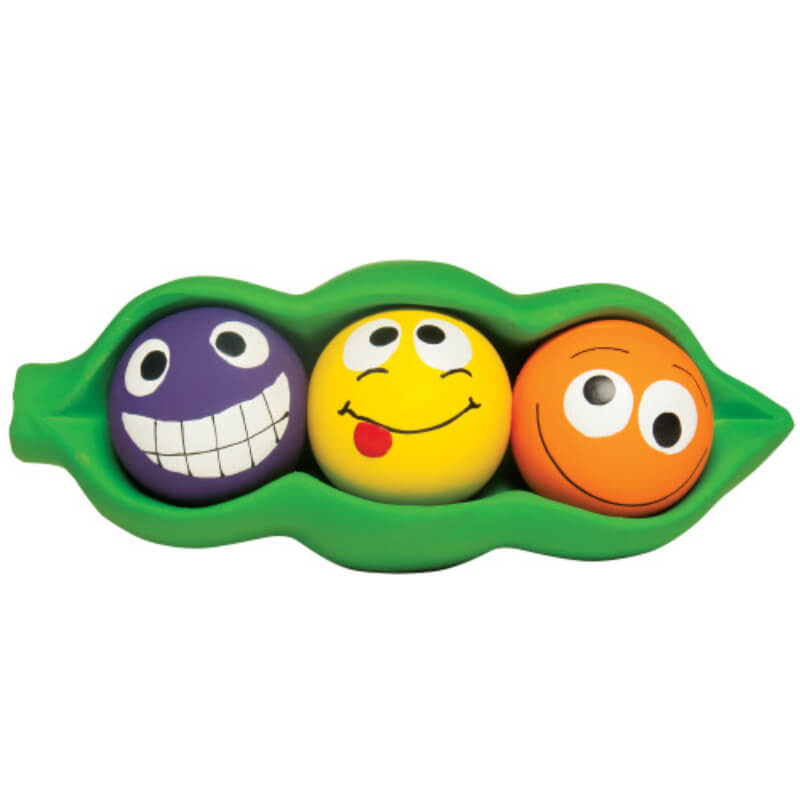 Happy Pet Peas In A Pod Latex Dog Toy features three emoji faces, each with a unique expression.