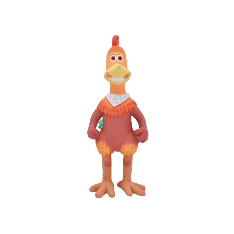 A smiling cartoon chicken, like the 10" Happy Pet Chicken Run Rocky latex dog toy.