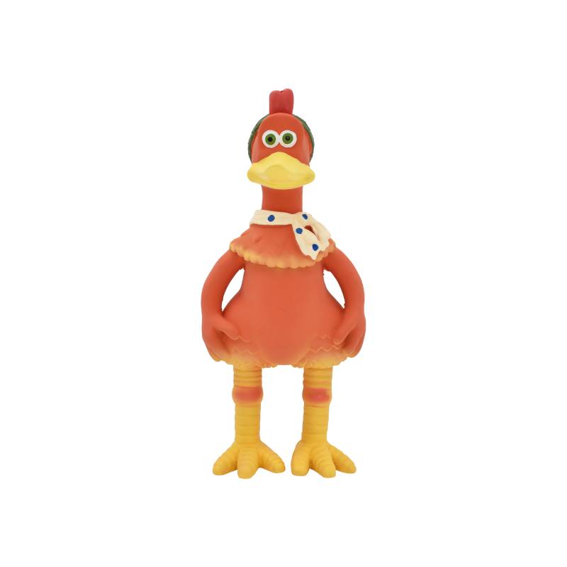 Happy Pet Chicken Run Ginger Latex Dog Toy 10": rubber chicken with red body &amp; yellow beak, feet.
