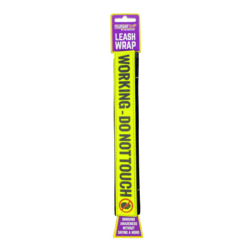 Happy Pet "Working Do Not Touch" leash wrap in yellow with black text, purple/yellow packaging.