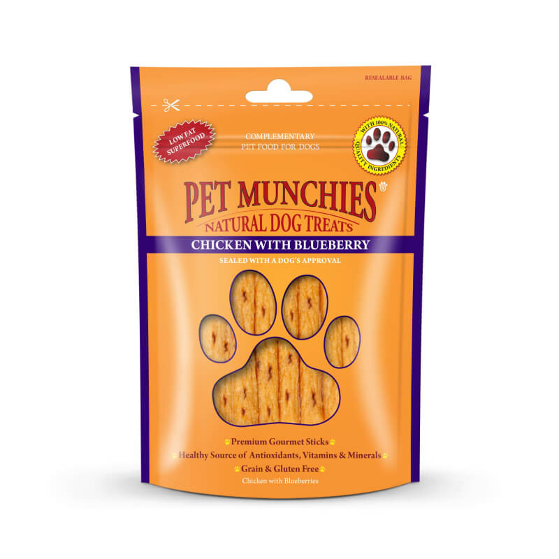 Pet Munchies Chicken &amp; Blueberry Sticks 80g with paw print window on packaging.