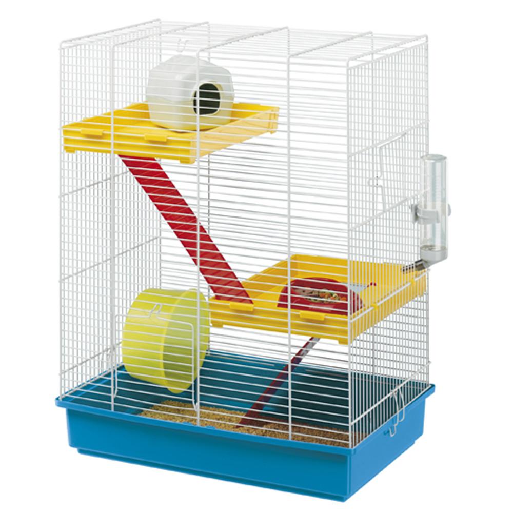 Ferplast Hamster Tris Cage: vertical habitat with ramps, platforms, wheel, house &amp; water bottle.