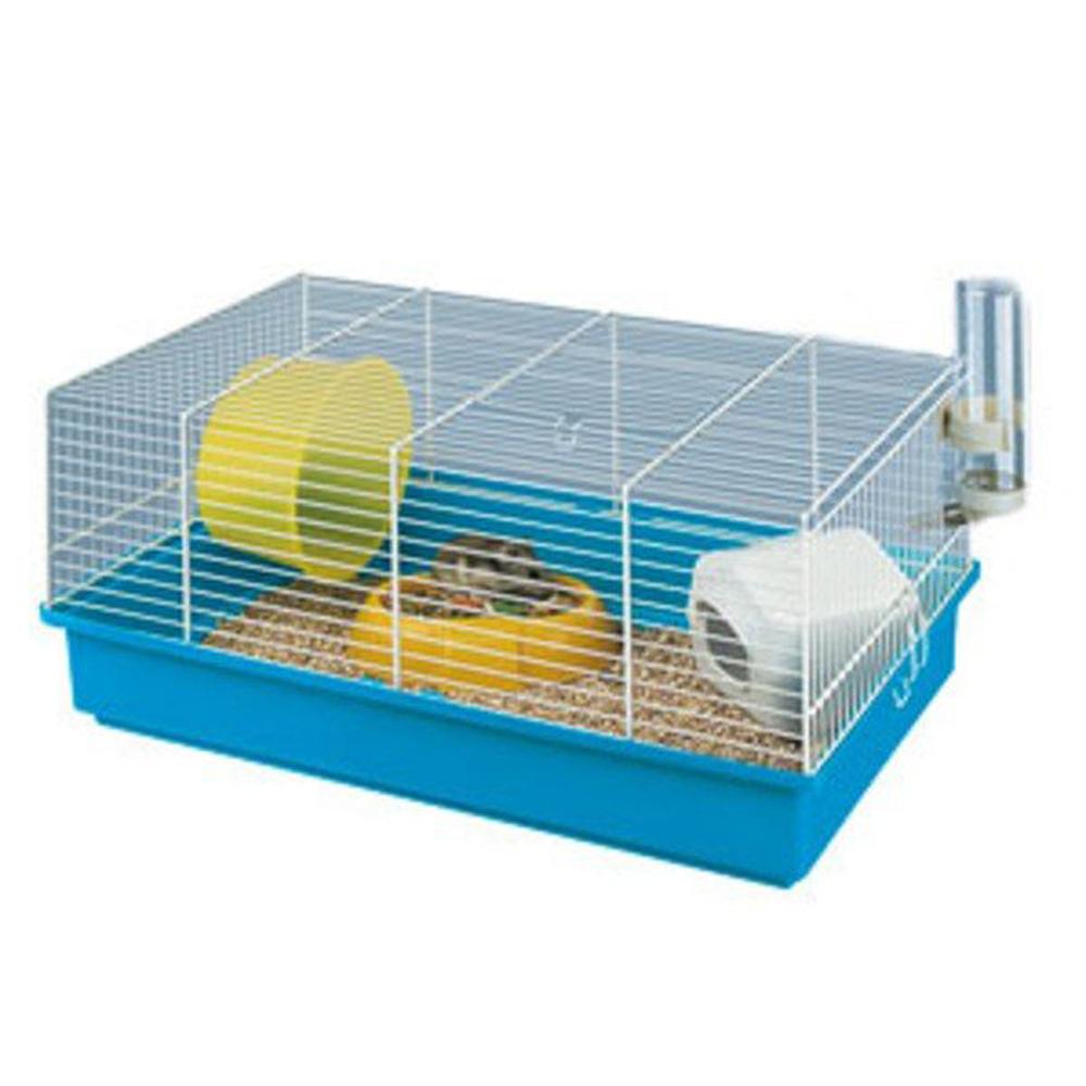 Ferplast Criceti 9 Cage: blue/white small animal cage with wheel, water bottle, and bedding.
