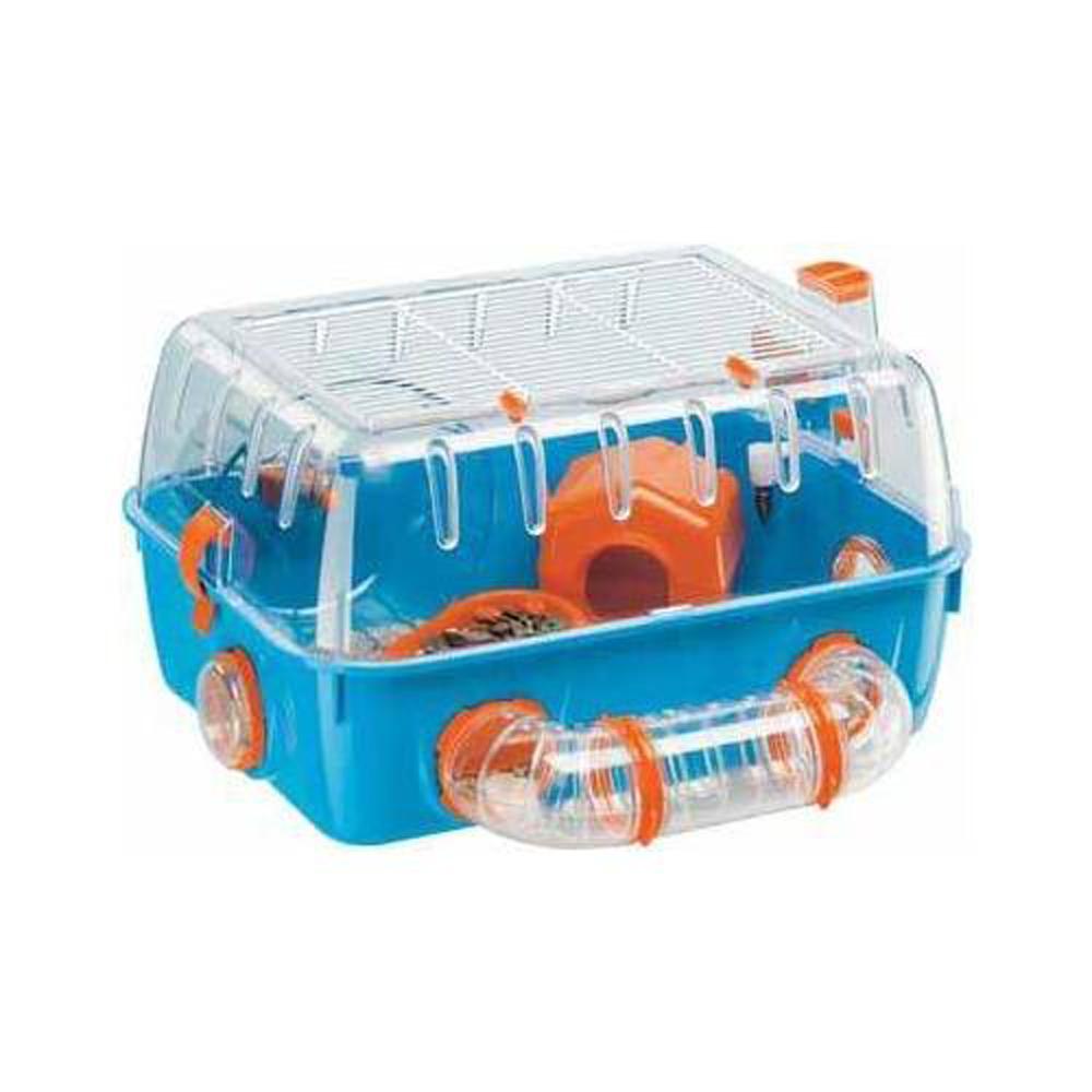 Ferplast Combi 1 Cage: blue/orange hamster cage with clear lid and front tunnel.