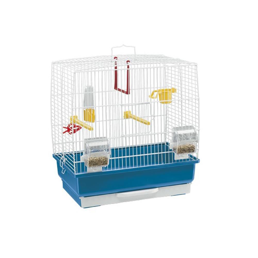Ferplast Rekord 2 blue and white small bird cage with yellow perches, empty inside.