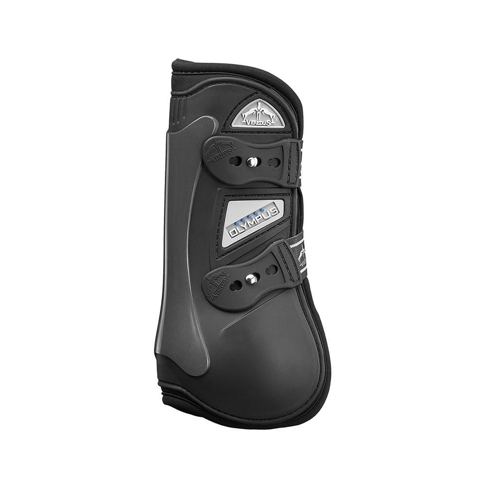 Veredus Olympus Front Tendon Boots: anatomical black boots with two straps and silver logo.