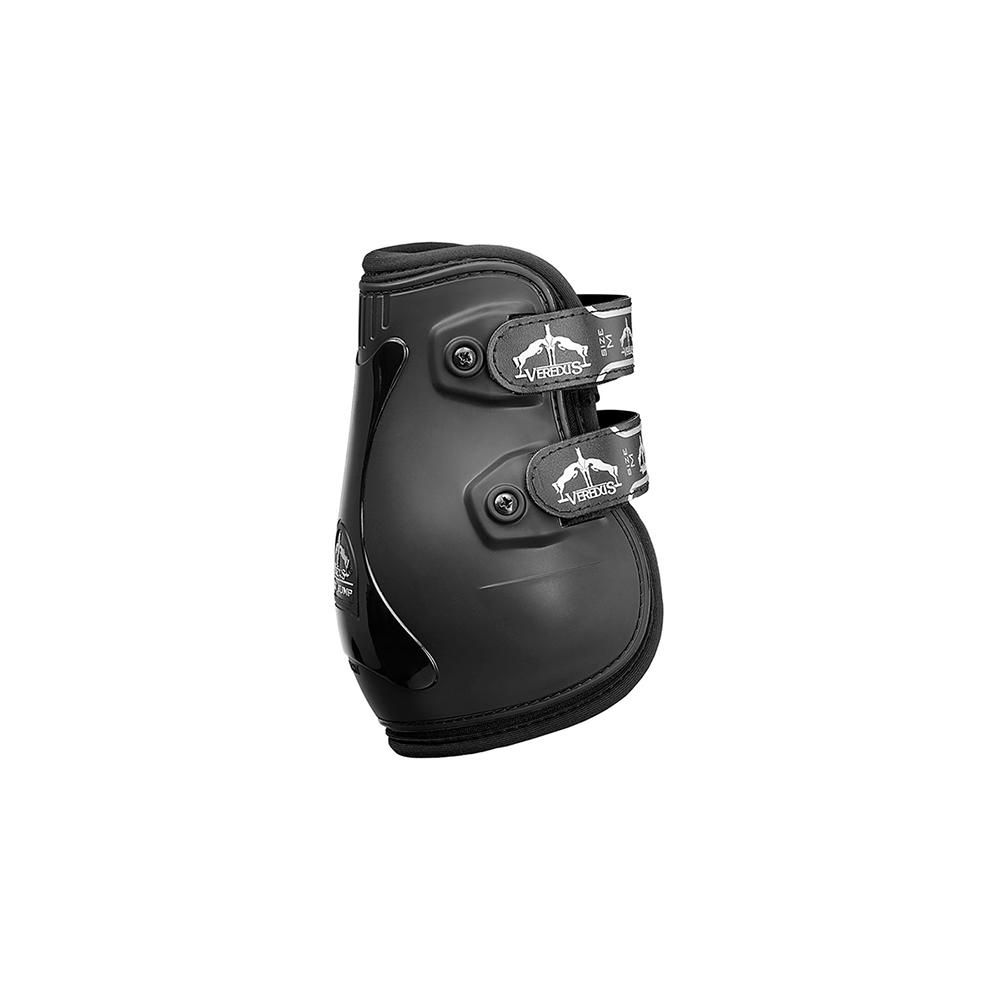 Veredus Pro Jump Fetlock Boot—black, waterproof, neoprene padding, two straps, on white background.