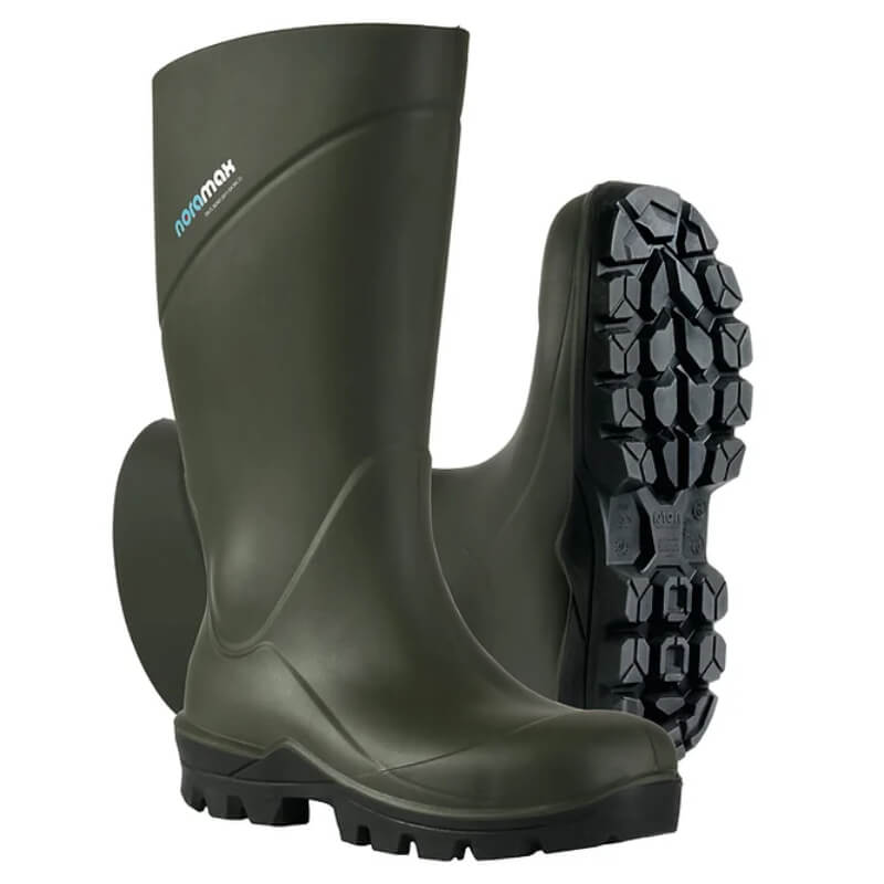 Nora Noramax Non Safety Wellington Green boots with rugged, slip-resistant black soles.