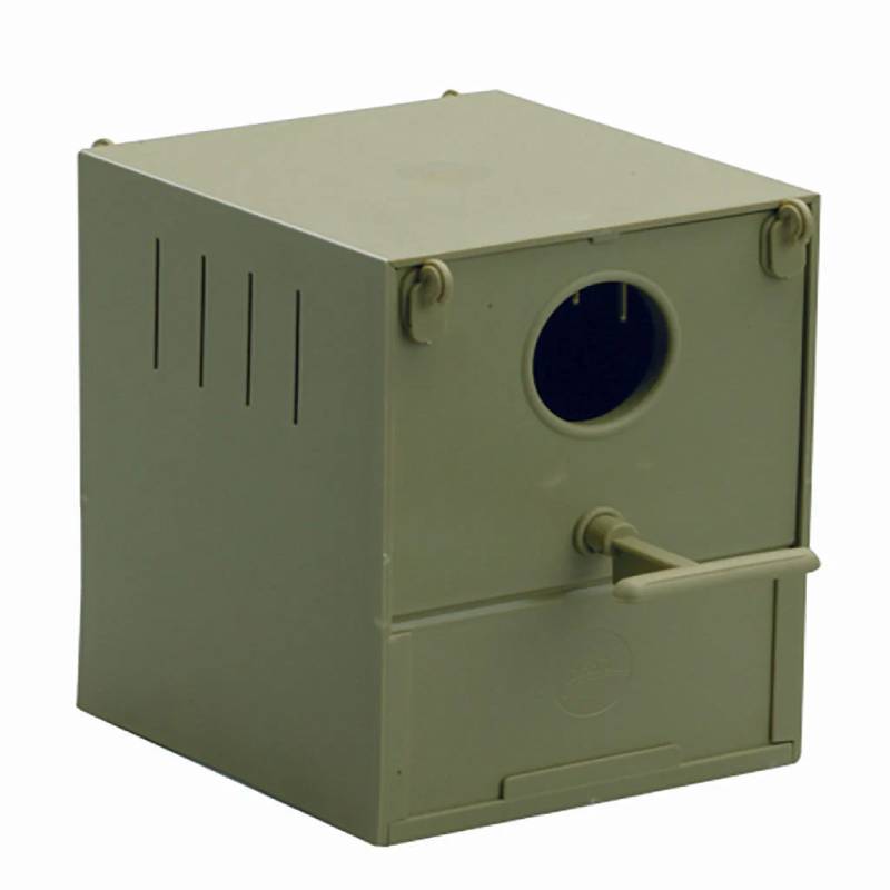 Sky Pet Plastic Nest 2 features a round entrance and horizontal perch in olive green.
