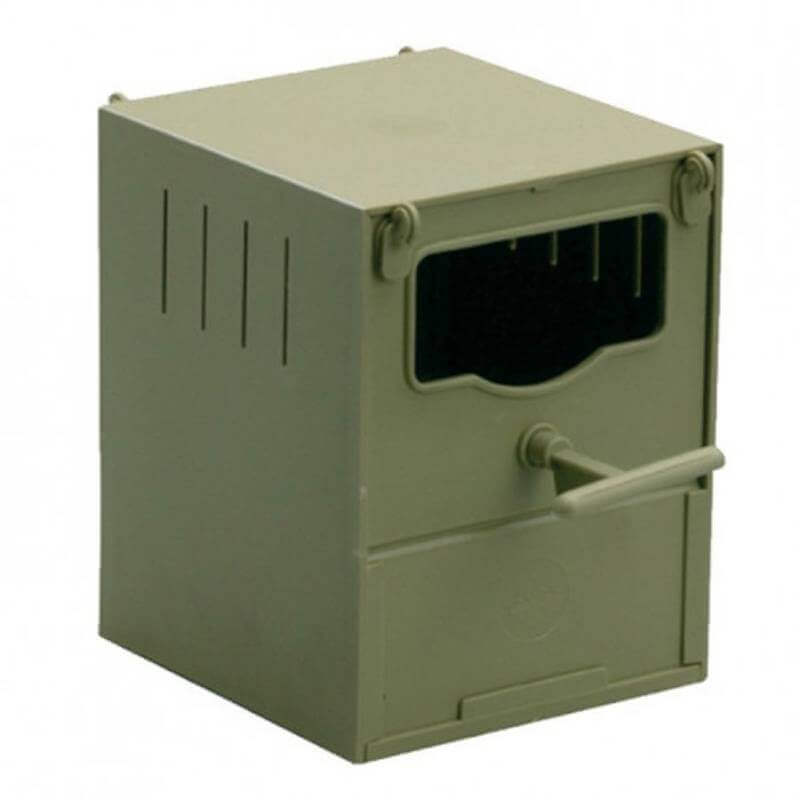 A compact olive green plastic nest by Sky Pet with a handle and front slot.