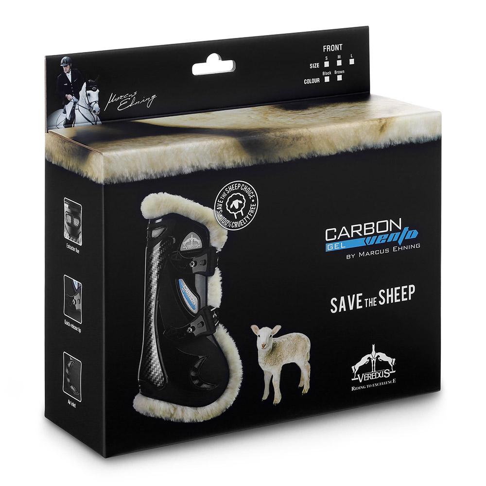 Black Veredus Carbon Gel Vento Front Save The Sheep cruelty-free tendon boots with techno sheepskin.